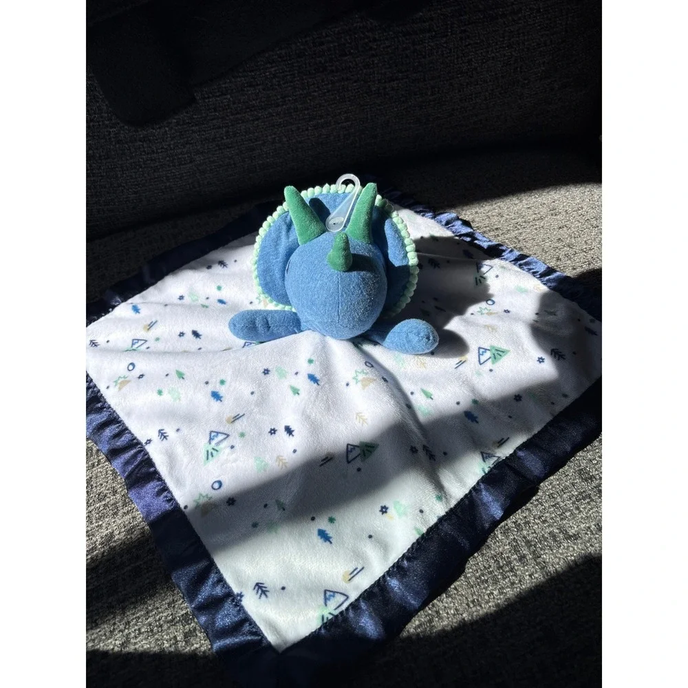 Cloud Island Blue Triceratops Dinosaur Security Blanket Lovey Forest Print 14in